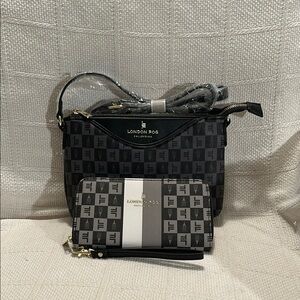 LONDON FOG Black and Gray Crossbody Bag with Matching Wallet